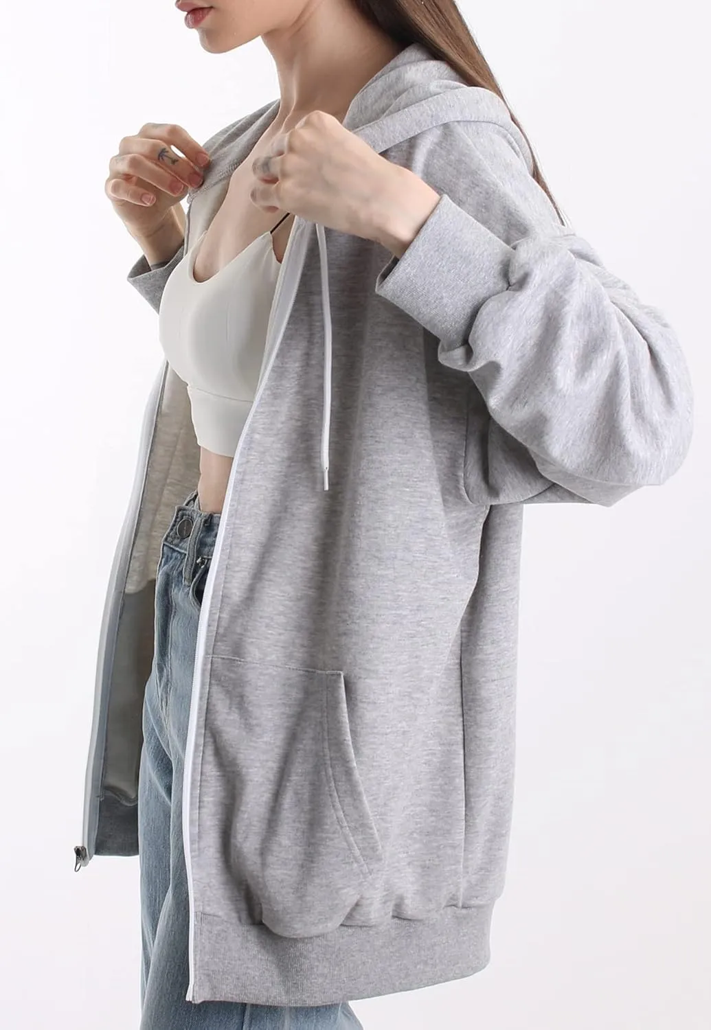 Oversized Women's Casual Full-Zip Hoodie Lightweight Long Sleeve Sweatshirt Casual Jacket with Pocket