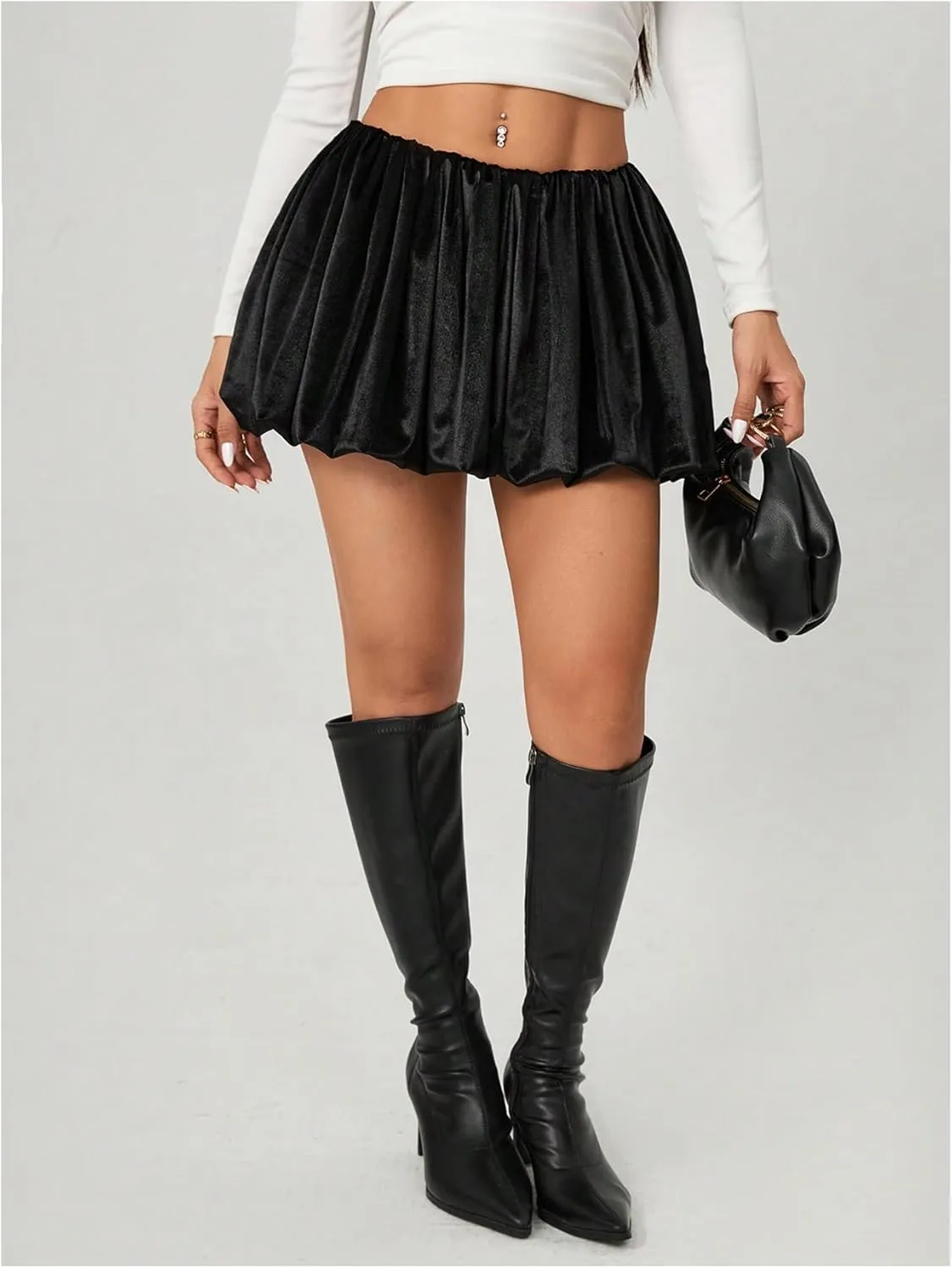 OYOANGLE Women's Bubble Mini Skirts Elastic Low Waist Pleated Lantern Short Skirt A Line Puffy Flared Skirt