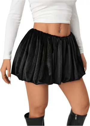 OYOANGLE Women's Bubble Mini Skirts Elastic Low Waist Pleated Lantern Short Skirt A Line Puffy Flared Skirt