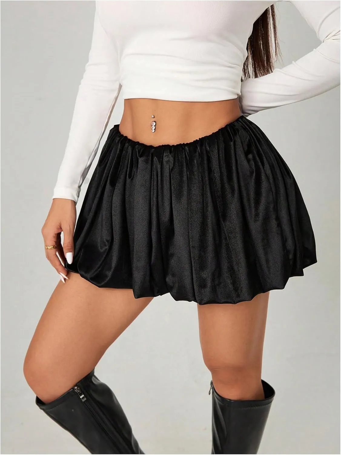 OYOANGLE Women's Bubble Mini Skirts Elastic Low Waist Pleated Lantern Short Skirt A Line Puffy Flared Skirt