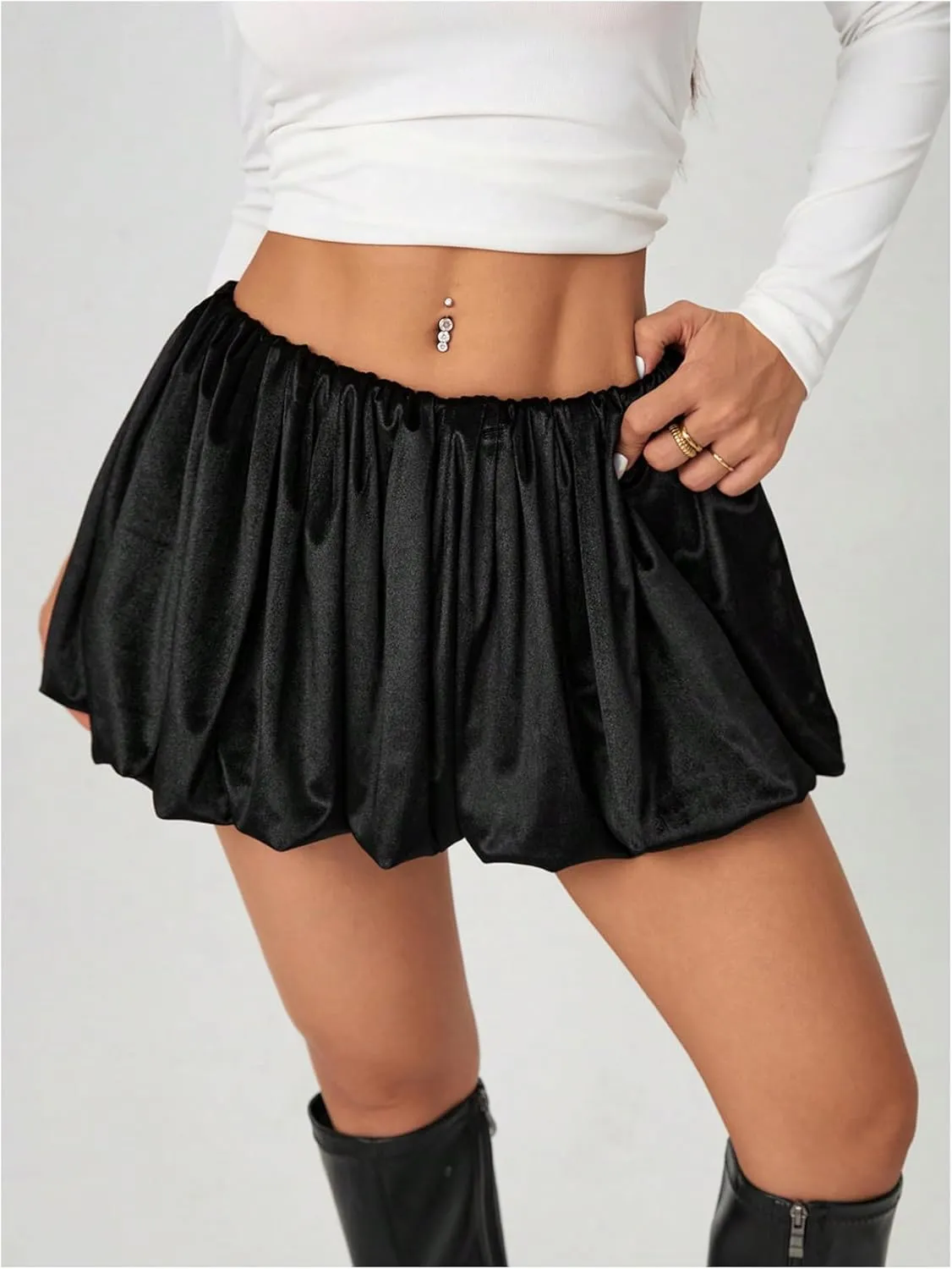 OYOANGLE Women's Bubble Mini Skirts Elastic Low Waist Pleated Lantern Short Skirt A Line Puffy Flared Skirt
