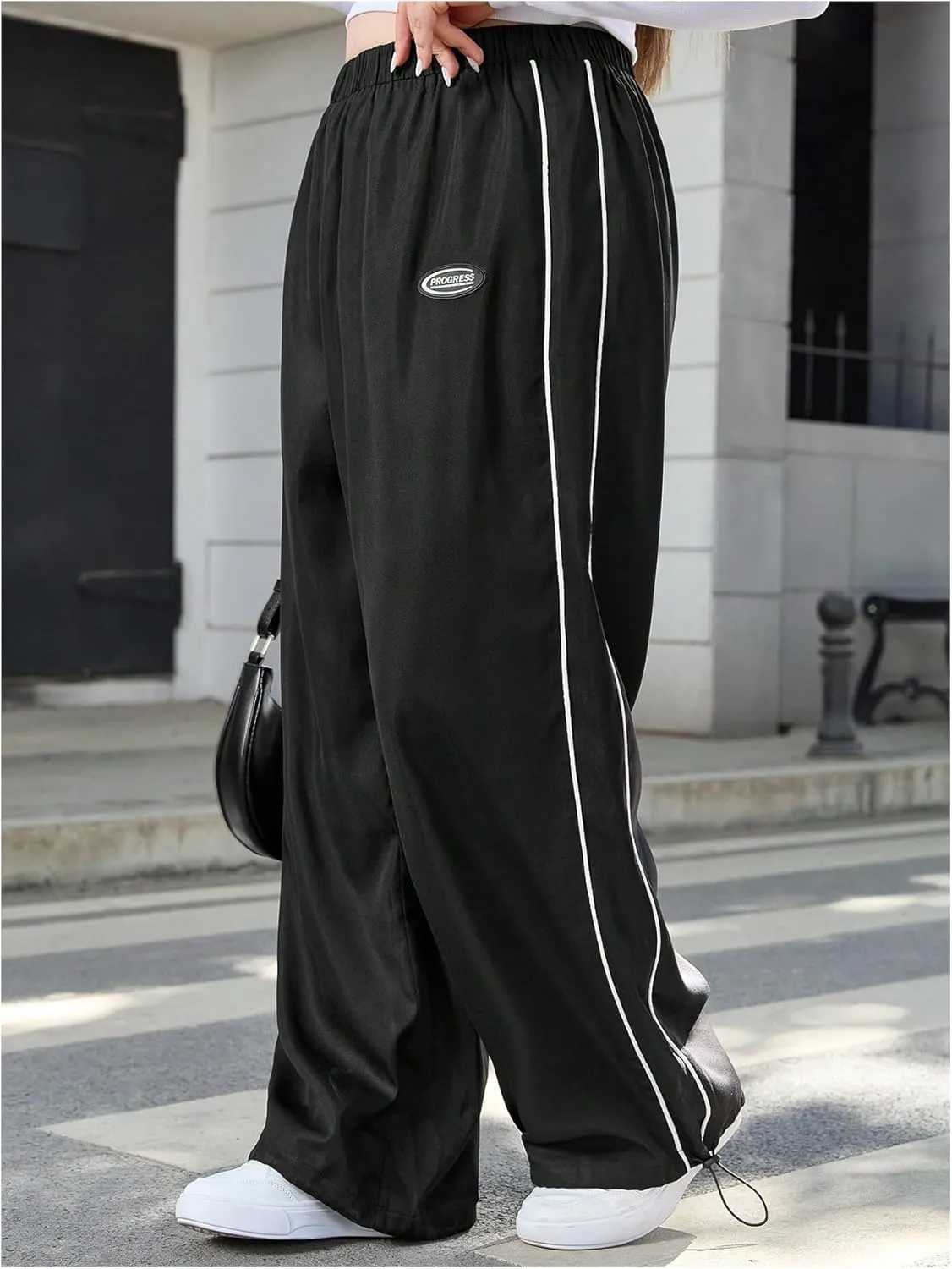 OYOANGLE Women's Plus Size Side Striped Elastic High Waist Pants Wide Leg Trousers Streetwear