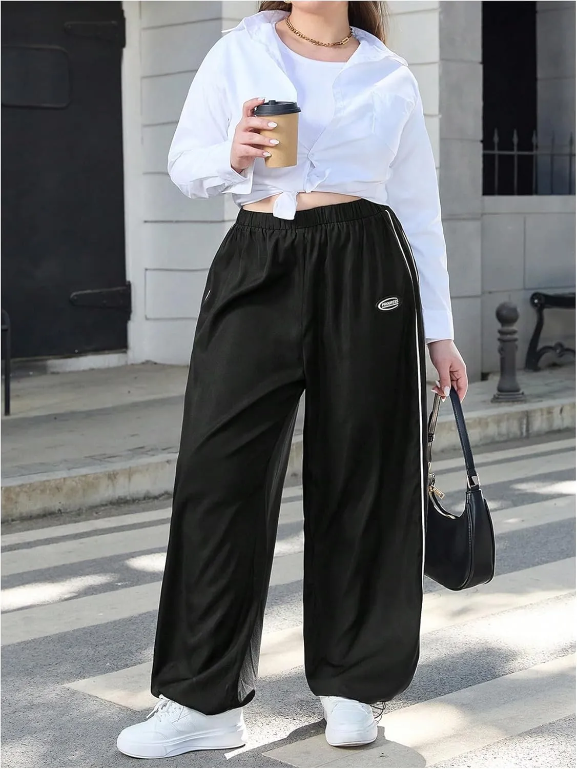 OYOANGLE Women's Plus Size Side Striped Elastic High Waist Pants Wide Leg Trousers Streetwear
