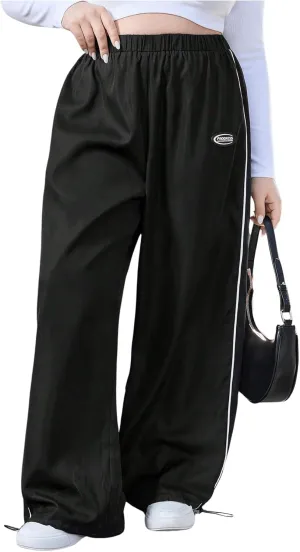 OYOANGLE Women's Plus Size Side Striped Elastic High Waist Pants Wide Leg Trousers Streetwear