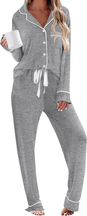 Pajamas For Women Set 2 Piece Pjs Set Long Sleeve Button Up Lounge Set Sleep Wear With Pockets
