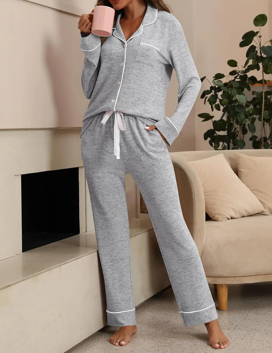 Pajamas For Women Set 2 Piece Pjs Set Long Sleeve Button Up Lounge Set Sleep Wear With Pockets