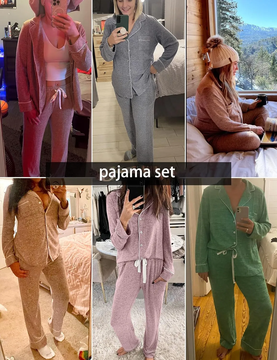 Pajamas For Women Set 2 Piece Pjs Set Long Sleeve Button Up Lounge Set Sleep Wear With Pockets