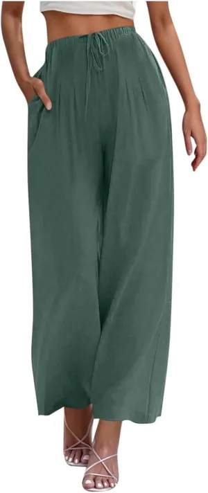 Palazzo Pants for Women High Waisted Straight Wide Leg Linen Trousers Drawstring Elastic Summer Outfits