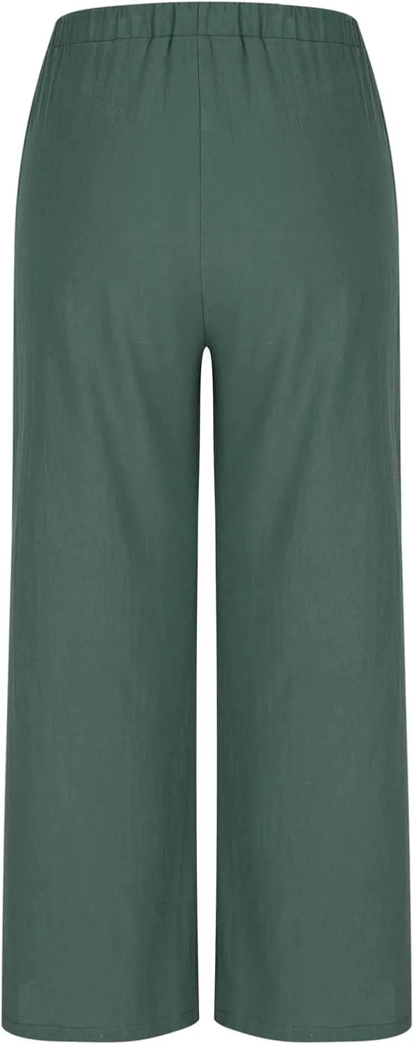 Palazzo Pants for Women High Waisted Straight Wide Leg Linen Trousers Drawstring Elastic Summer Outfits