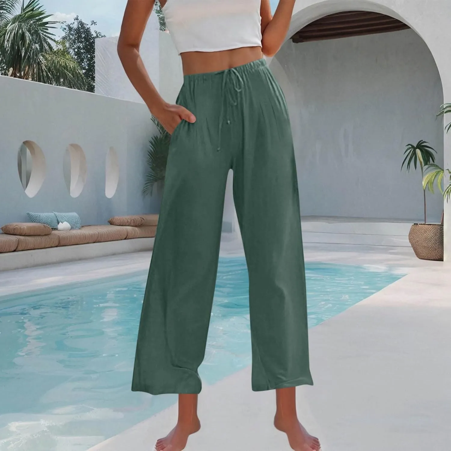 Palazzo Pants for Women High Waisted Straight Wide Leg Linen Trousers Drawstring Elastic Summer Outfits