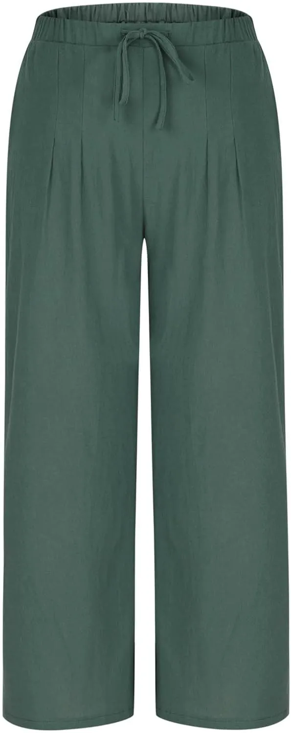 Palazzo Pants for Women High Waisted Straight Wide Leg Linen Trousers Drawstring Elastic Summer Outfits