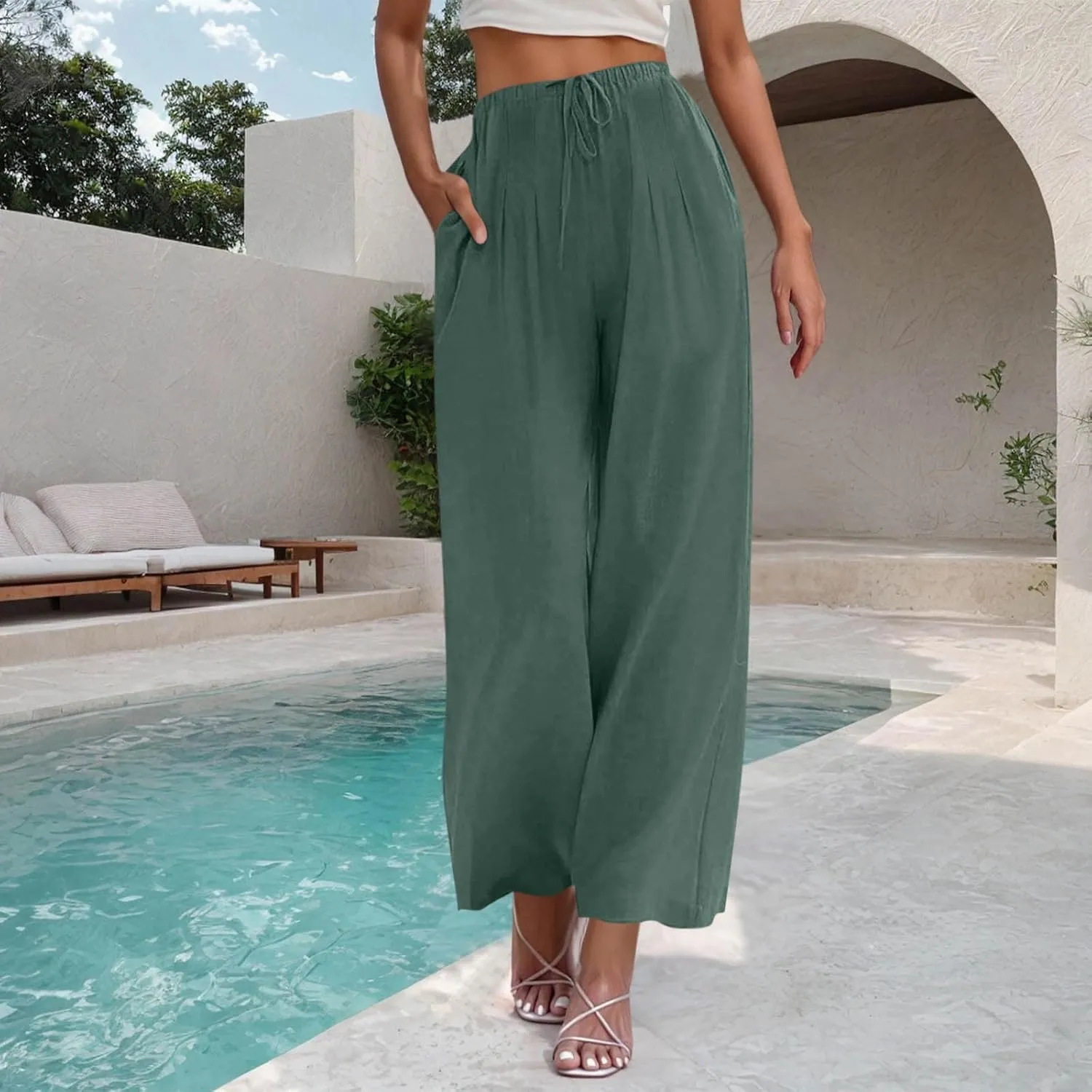 Palazzo Pants for Women High Waisted Straight Wide Leg Linen Trousers Drawstring Elastic Summer Outfits