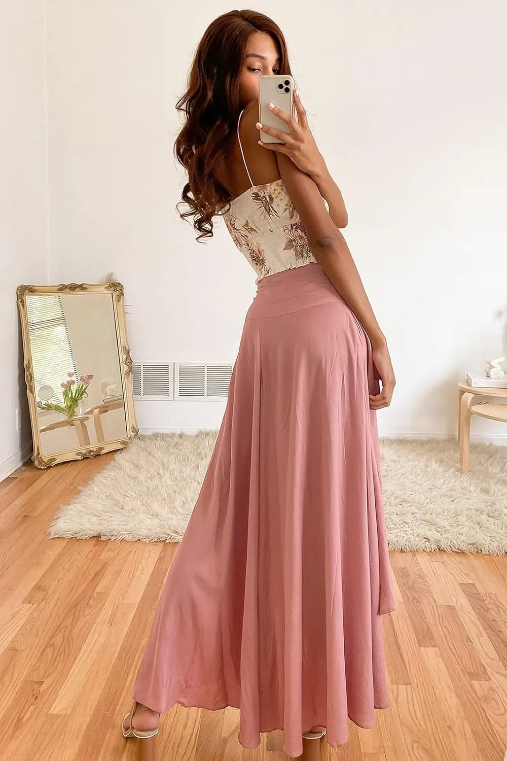 Panegy Ruffle High Low Waist Flowy A Line Boho Skirt for Women Solid Color Floral Print Skirts