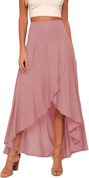 Panegy Ruffle High Low Waist Flowy A Line Boho Skirt for Women Solid Color Floral Print Skirts