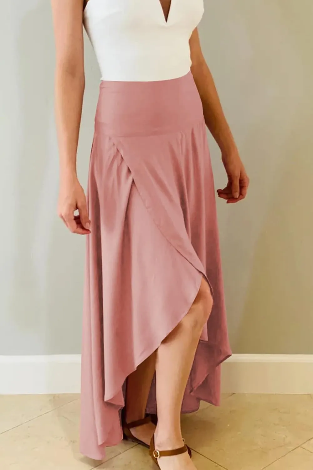 Panegy Ruffle High Low Waist Flowy A Line Boho Skirt for Women Solid Color Floral Print Skirts