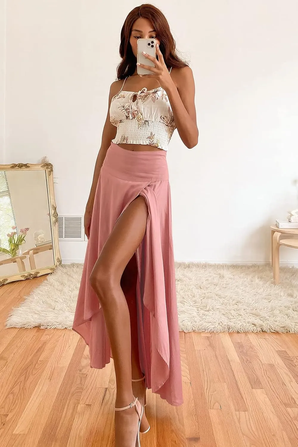 Panegy Ruffle High Low Waist Flowy A Line Boho Skirt for Women Solid Color Floral Print Skirts
