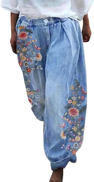 Pants for Women Women's Wide Leg Baggy Jeans Plus Size Loose Elastic Waist Denim Pants with Deep Pockets