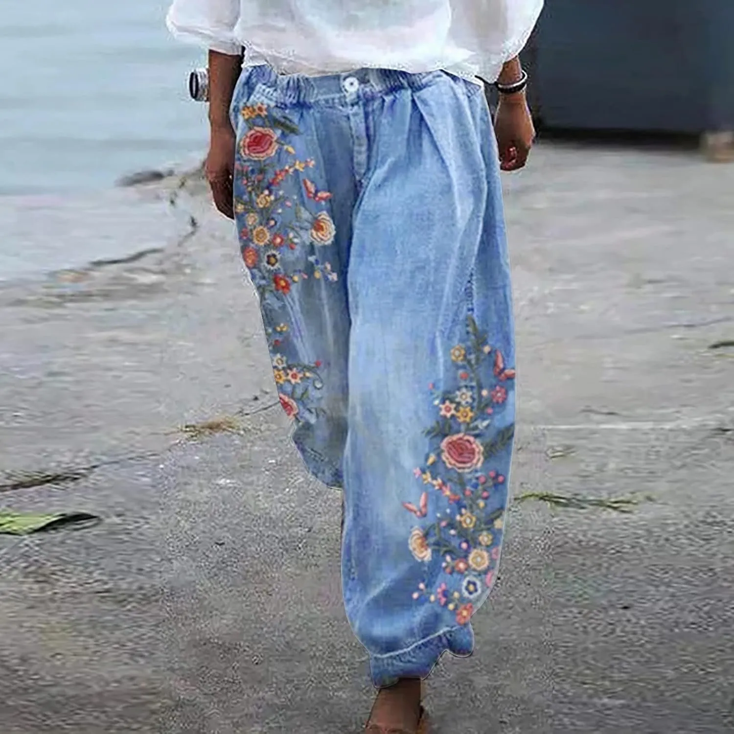 Pants for Women Women's Wide Leg Baggy Jeans Plus Size Loose Elastic Waist Denim Pants with Deep Pockets