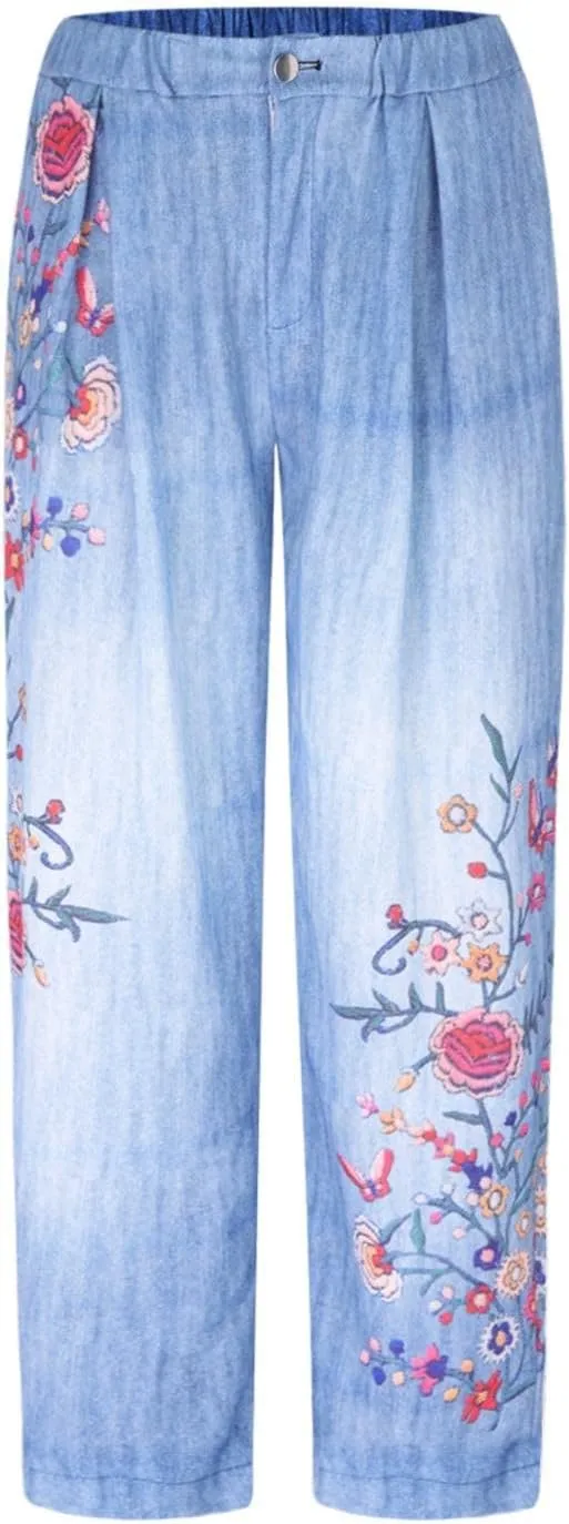 Pants for Women Women's Wide Leg Baggy Jeans Plus Size Loose Elastic Waist Denim Pants with Deep Pockets