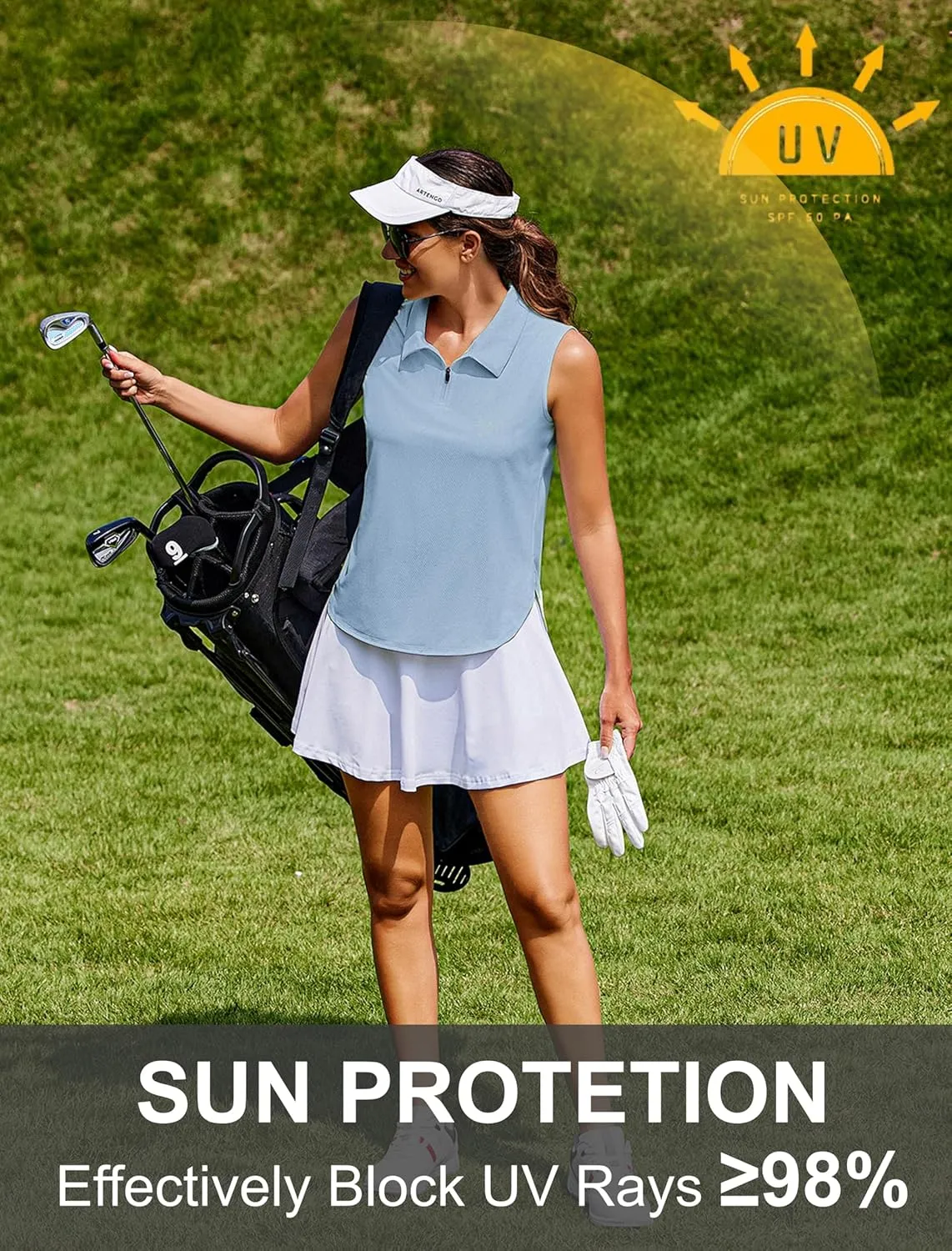 PINSPARK Women Golf Shirts Sleeveless UPF 50  Tennis Polo V-Neck Quick Dry Athletic T Shirt 1/4 Zip Collar Workout Tank Top