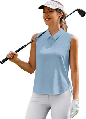PINSPARK Women Golf Shirts Sleeveless UPF 50  Tennis Polo V-Neck Quick Dry Athletic T Shirt 1/4 Zip Collar Workout Tank Top