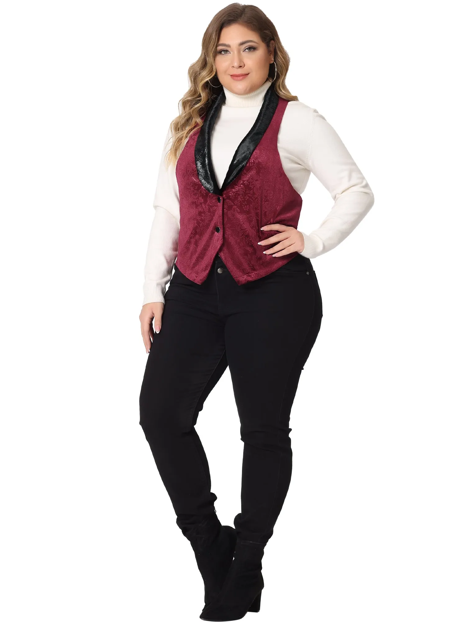 Plus Size Vintage Velvet Lapel Collar Button Down Jacket Jacquard Waistcoat Vest