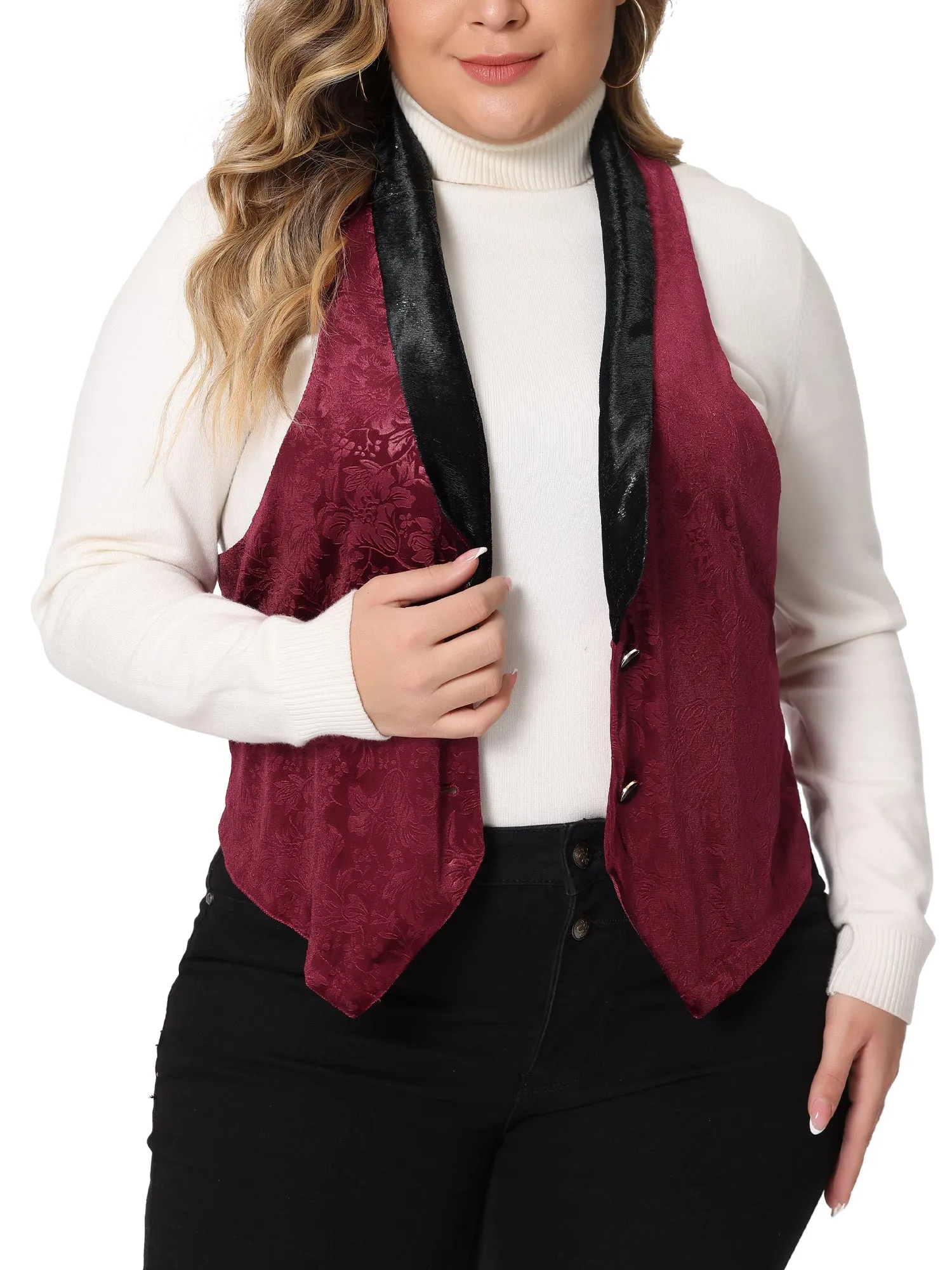 Plus Size Vintage Velvet Lapel Collar Button Down Jacket Jacquard Waistcoat Vest