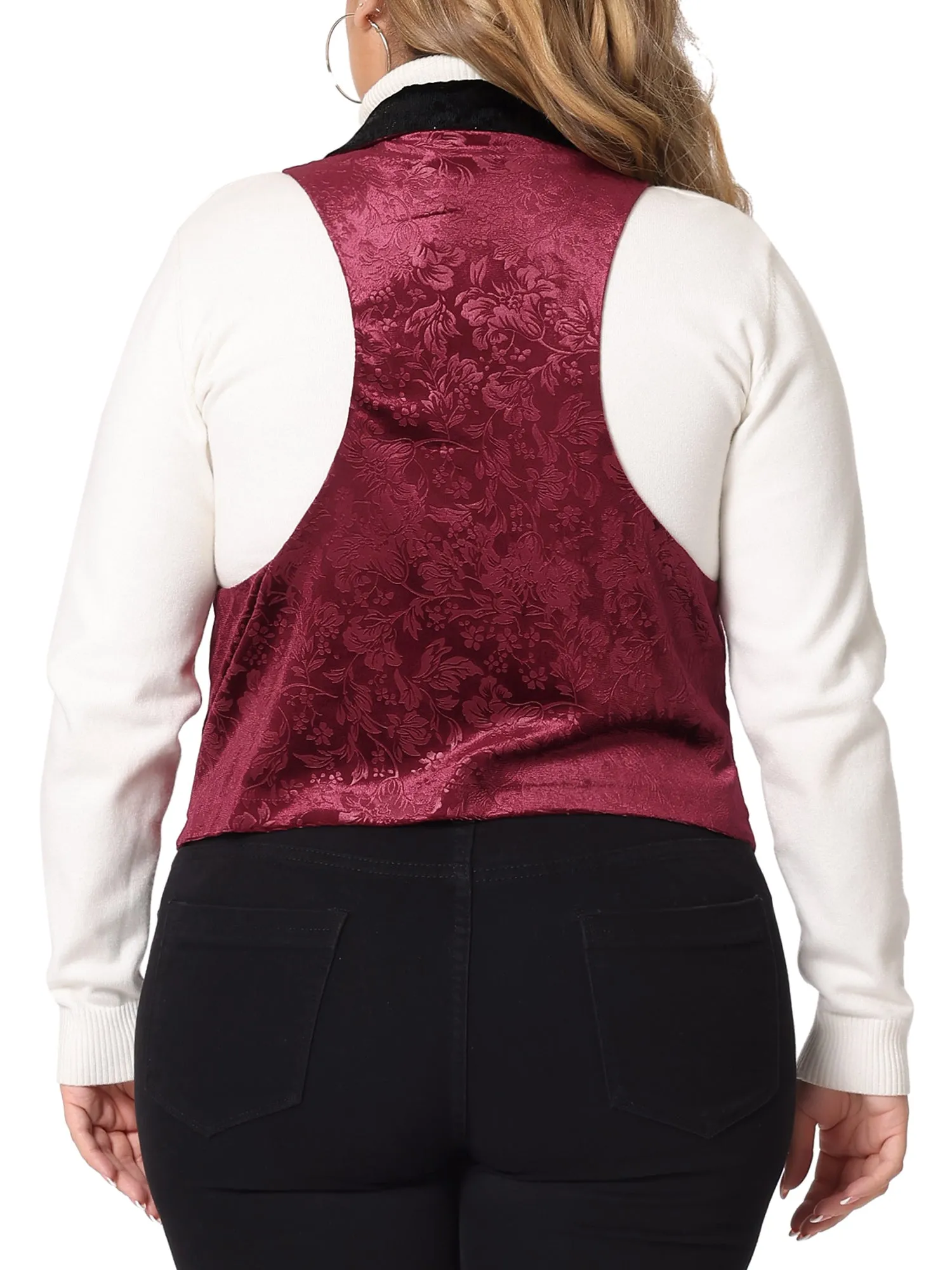Plus Size Vintage Velvet Lapel Collar Button Down Jacket Jacquard Waistcoat Vest