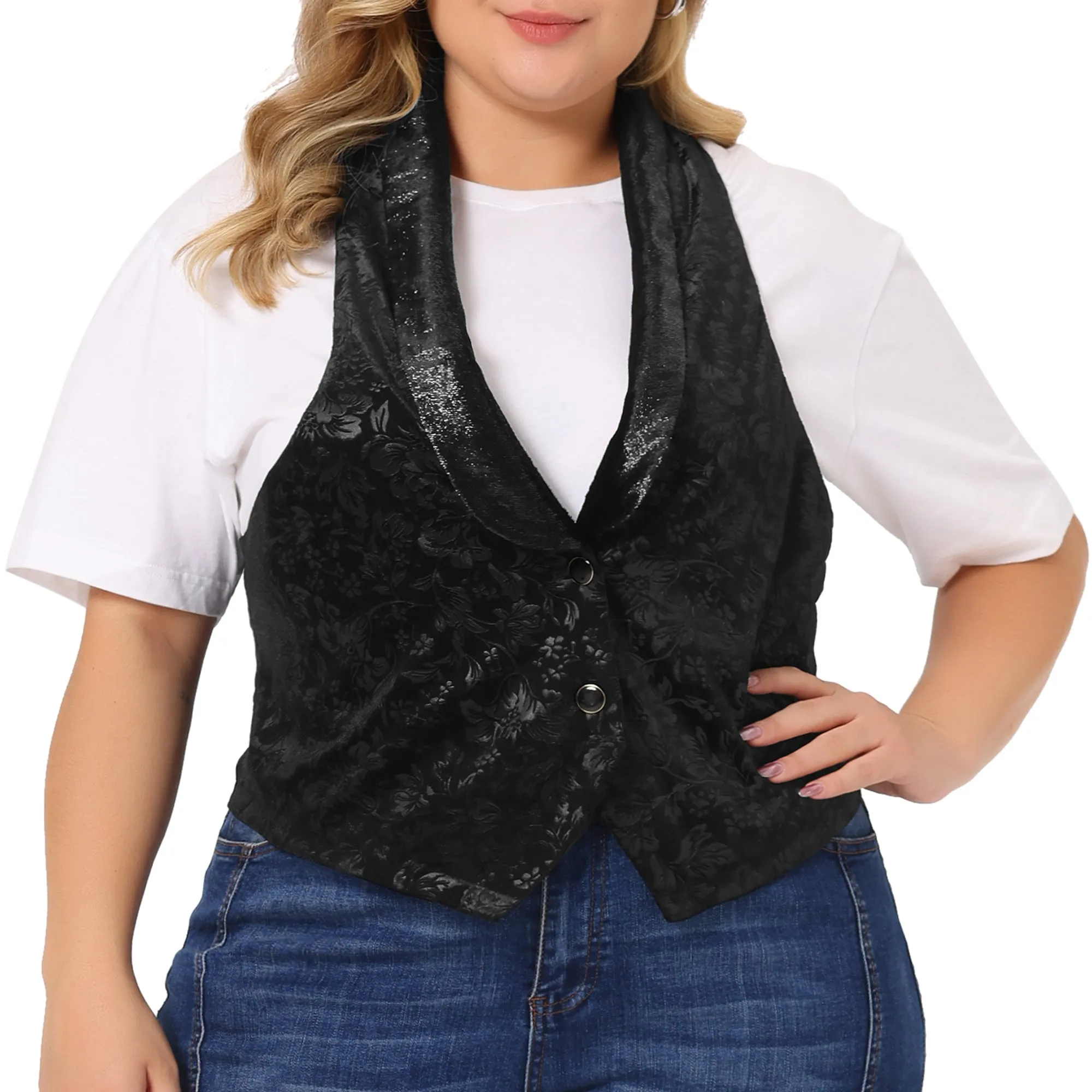 Plus Size Vintage Velvet Lapel Collar Button Down Jacket Jacquard Waistcoat Vest