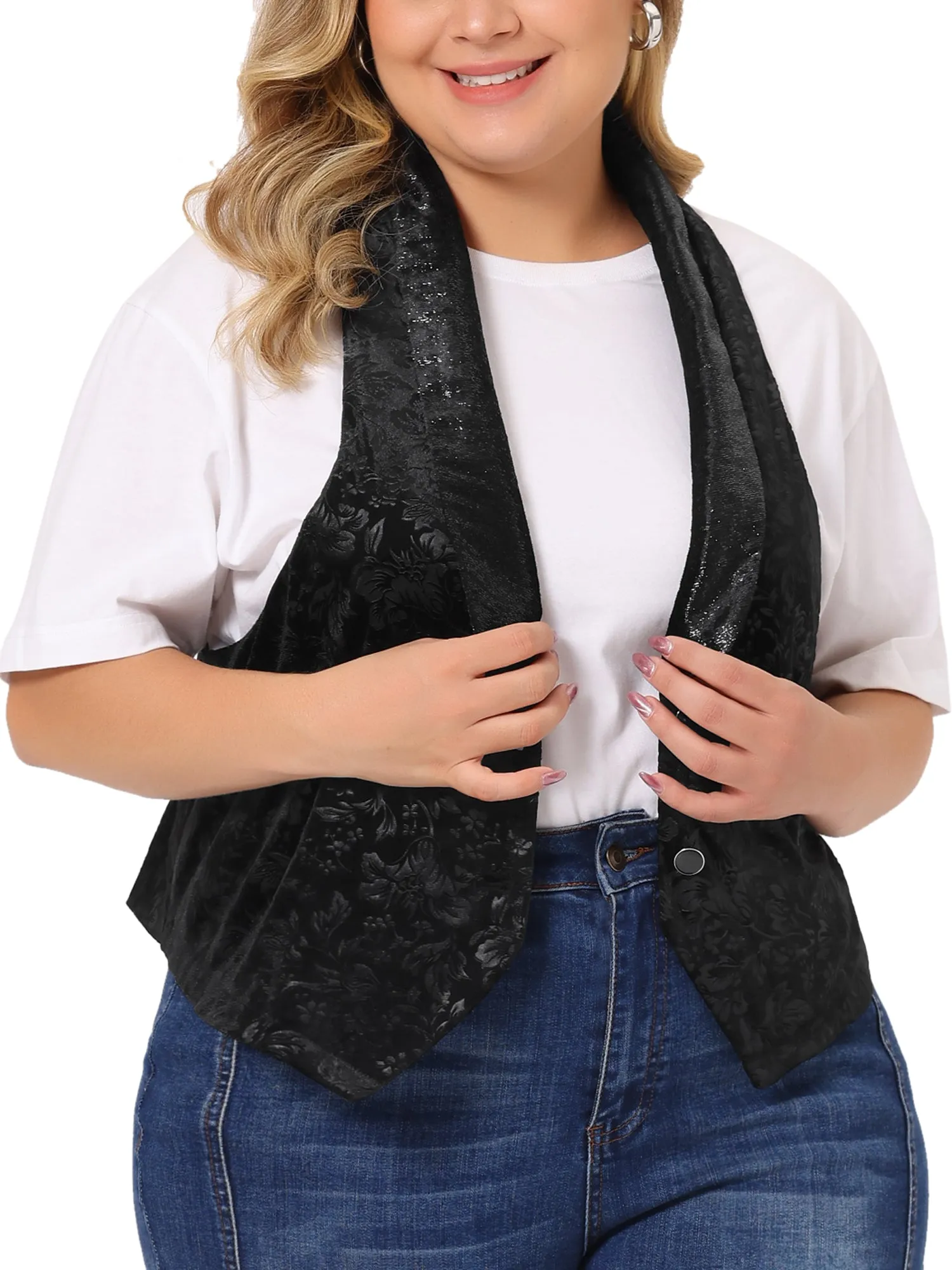Plus Size Vintage Velvet Lapel Collar Button Down Jacket Jacquard Waistcoat Vest