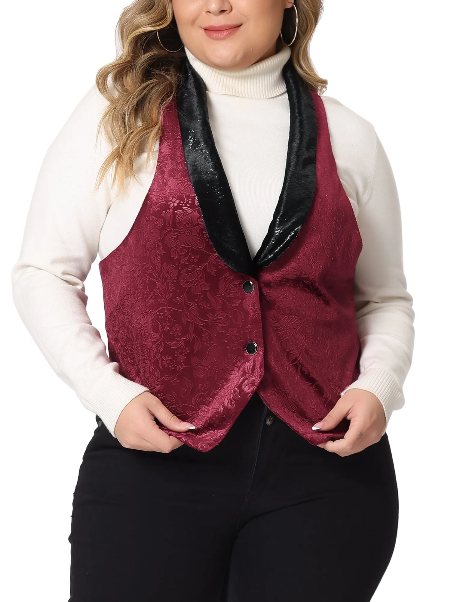 Plus Size Vintage Velvet Lapel Collar Button Down Jacket Jacquard Waistcoat Vest