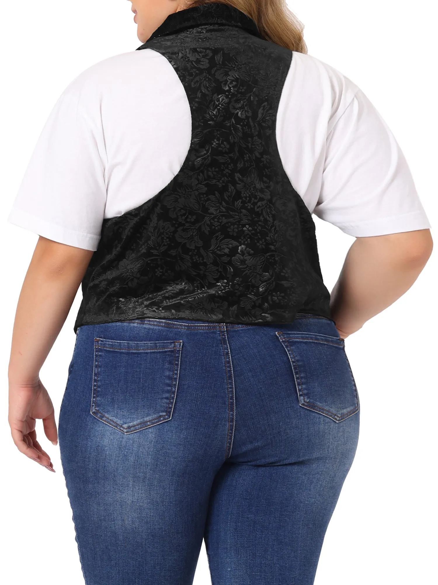 Plus Size Vintage Velvet Lapel Collar Button Down Jacket Jacquard Waistcoat Vest