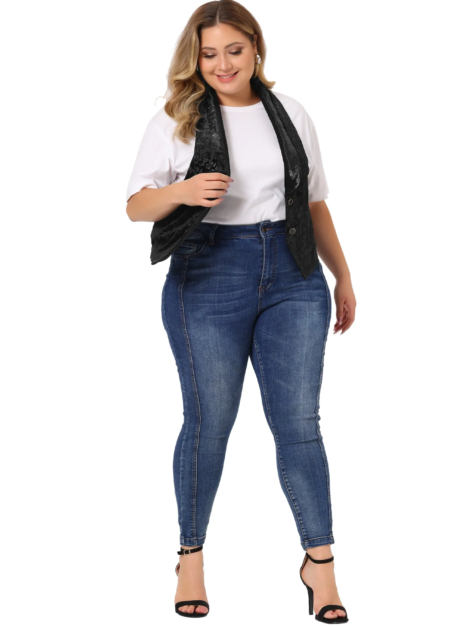 Plus Size Vintage Velvet Lapel Collar Button Down Jacket Jacquard Waistcoat Vest