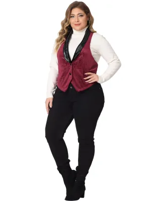 Plus Size Vintage Velvet Lapel Collar Button Down Jacket Jacquard Waistcoat Vest