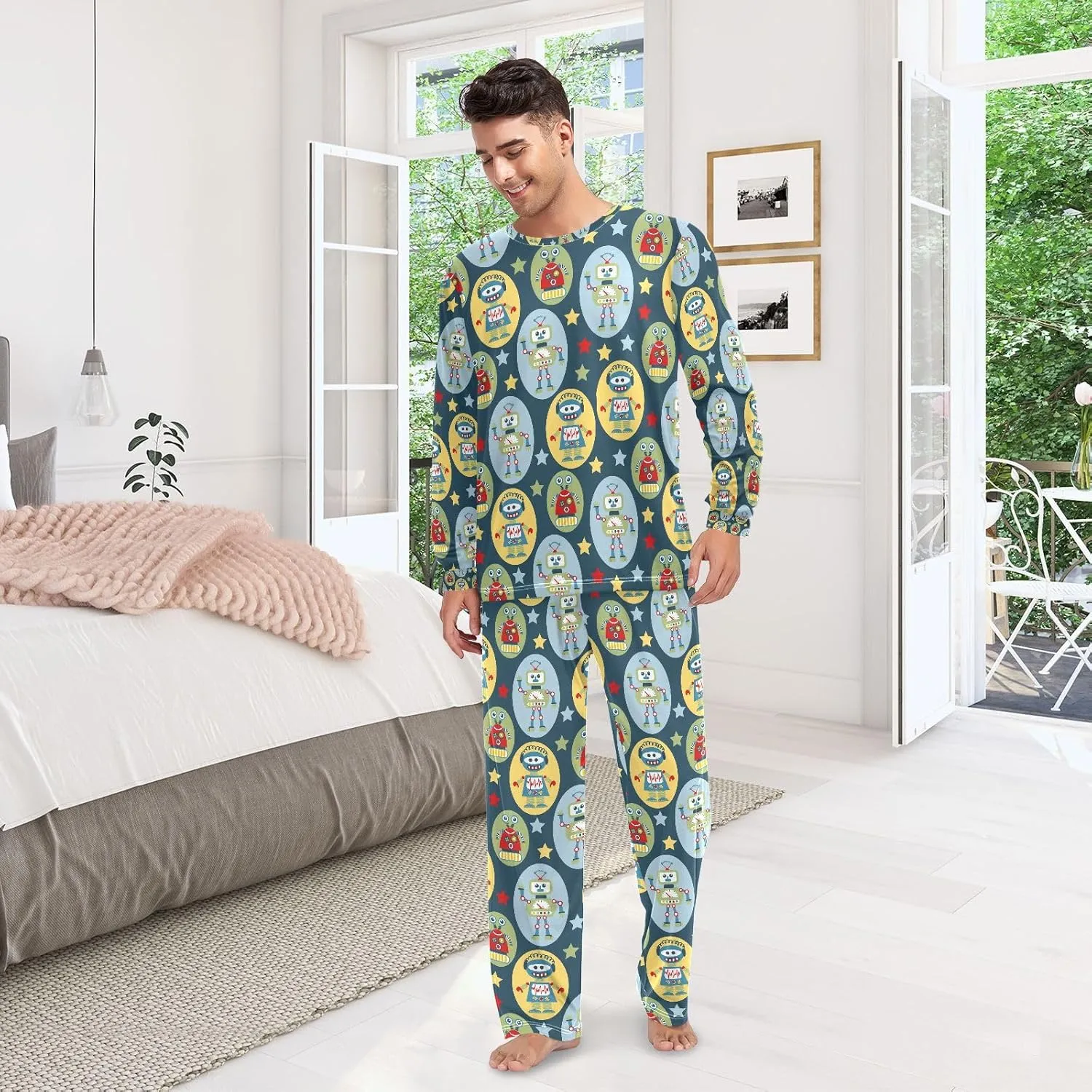 QUGRL Unisex Pajama Set for Women Men Long Sleeve Couples Matching Pjs Set with Pockets 2 Piece Lounge Set Sleepwear