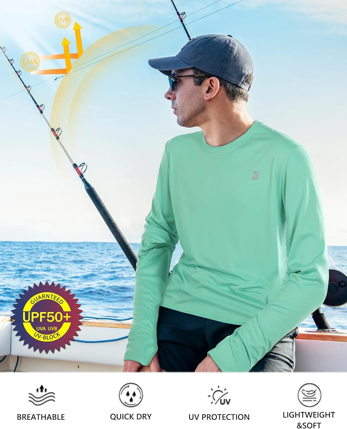 Roadbox Men's UPF 50  UV Sun Protection Shirts, SPF Long Sleeve Lightweight Water Swim Rash Guard for Fishing Running Hiking