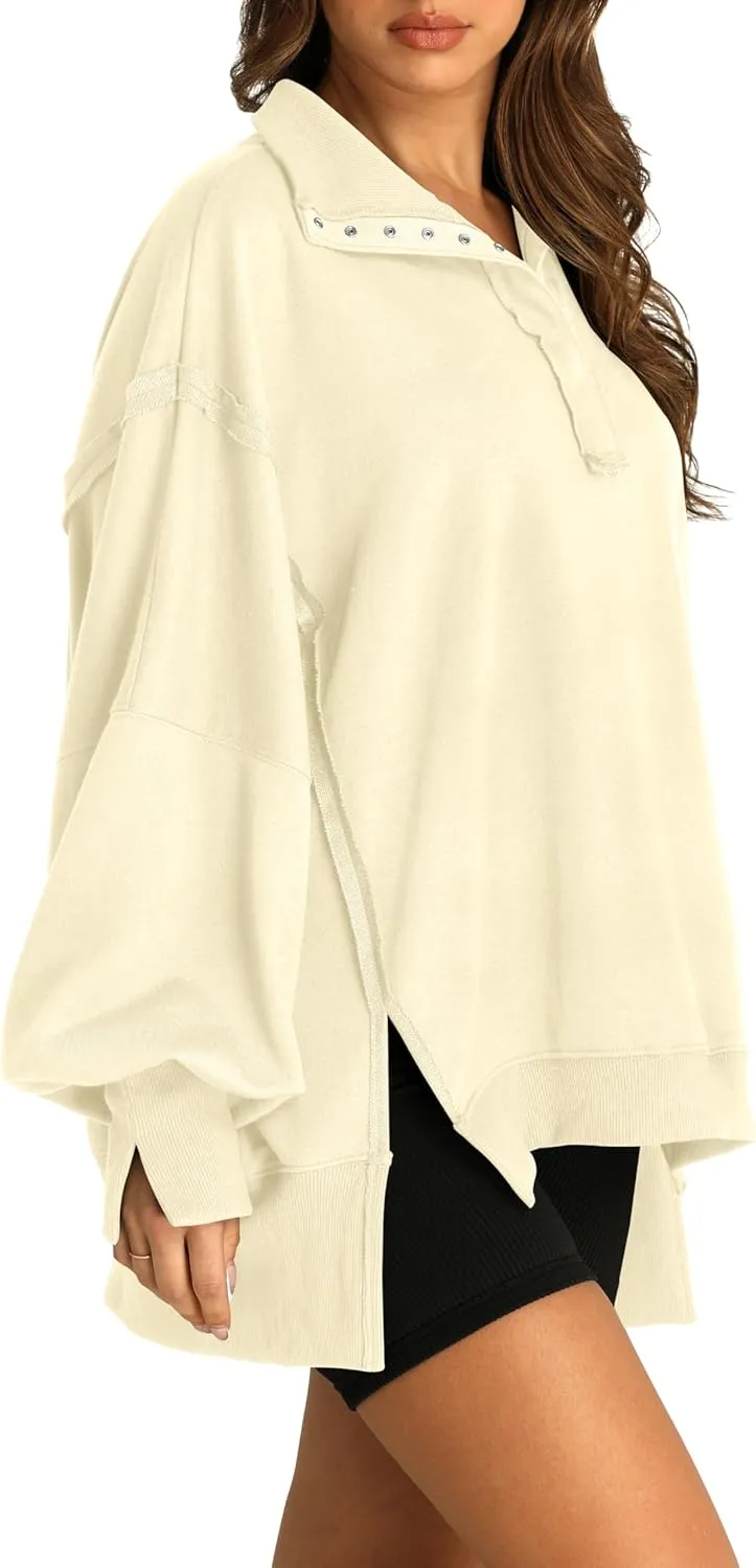 RUBZOOF Oversized Sweatshirt for Women Trendy Button Henley Neck Pullover Long Sleeve Tops Casual Fall Clothes XS-XL