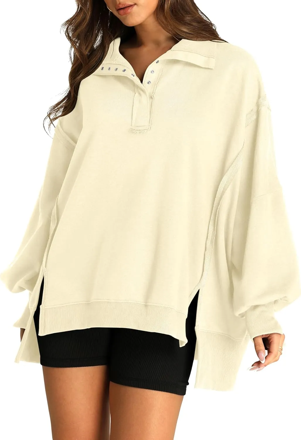 RUBZOOF Oversized Sweatshirt for Women Trendy Button Henley Neck Pullover Long Sleeve Tops Casual Fall Clothes XS-XL