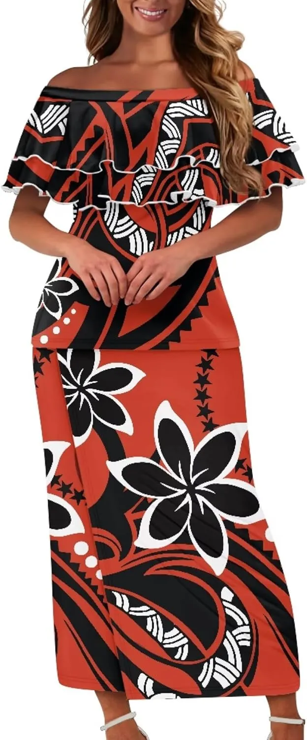 Samoa Couple Outfit Polynesian Dress for Women Traditional Puletasi Shirts for Men Strapless Ruffle Dresses