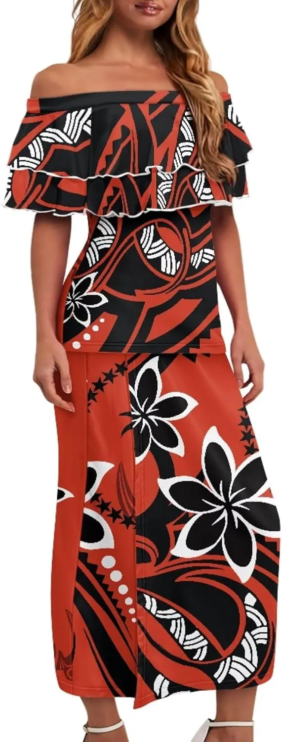 Samoa Couple Outfit Polynesian Dress for Women Traditional Puletasi Shirts for Men Strapless Ruffle Dresses