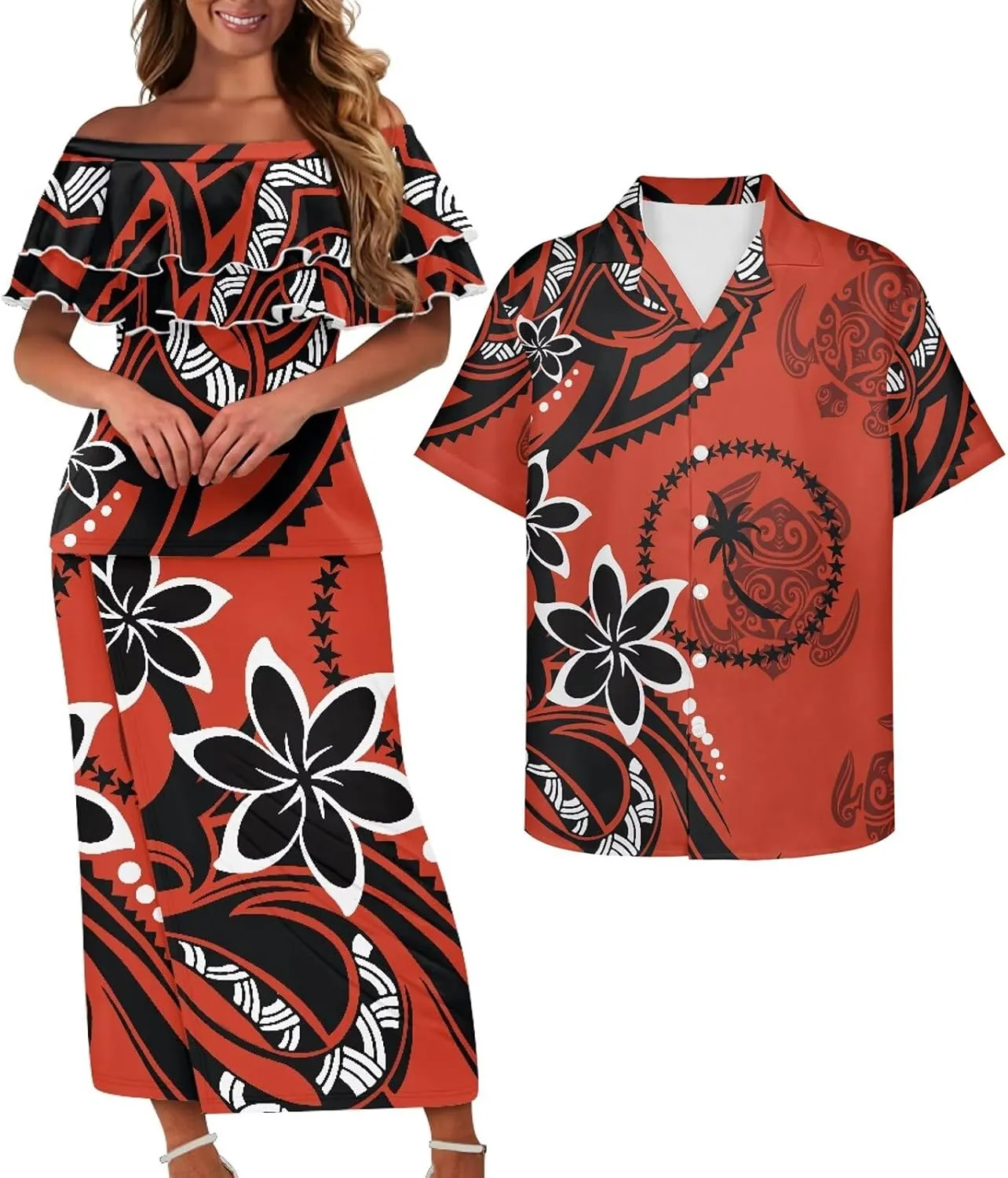 Samoa Couple Outfit Polynesian Dress for Women Traditional Puletasi Shirts for Men Strapless Ruffle Dresses