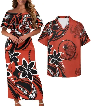 Samoa Couple Outfit Polynesian Dress for Women Traditional Puletasi Shirts for Men Strapless Ruffle Dresses