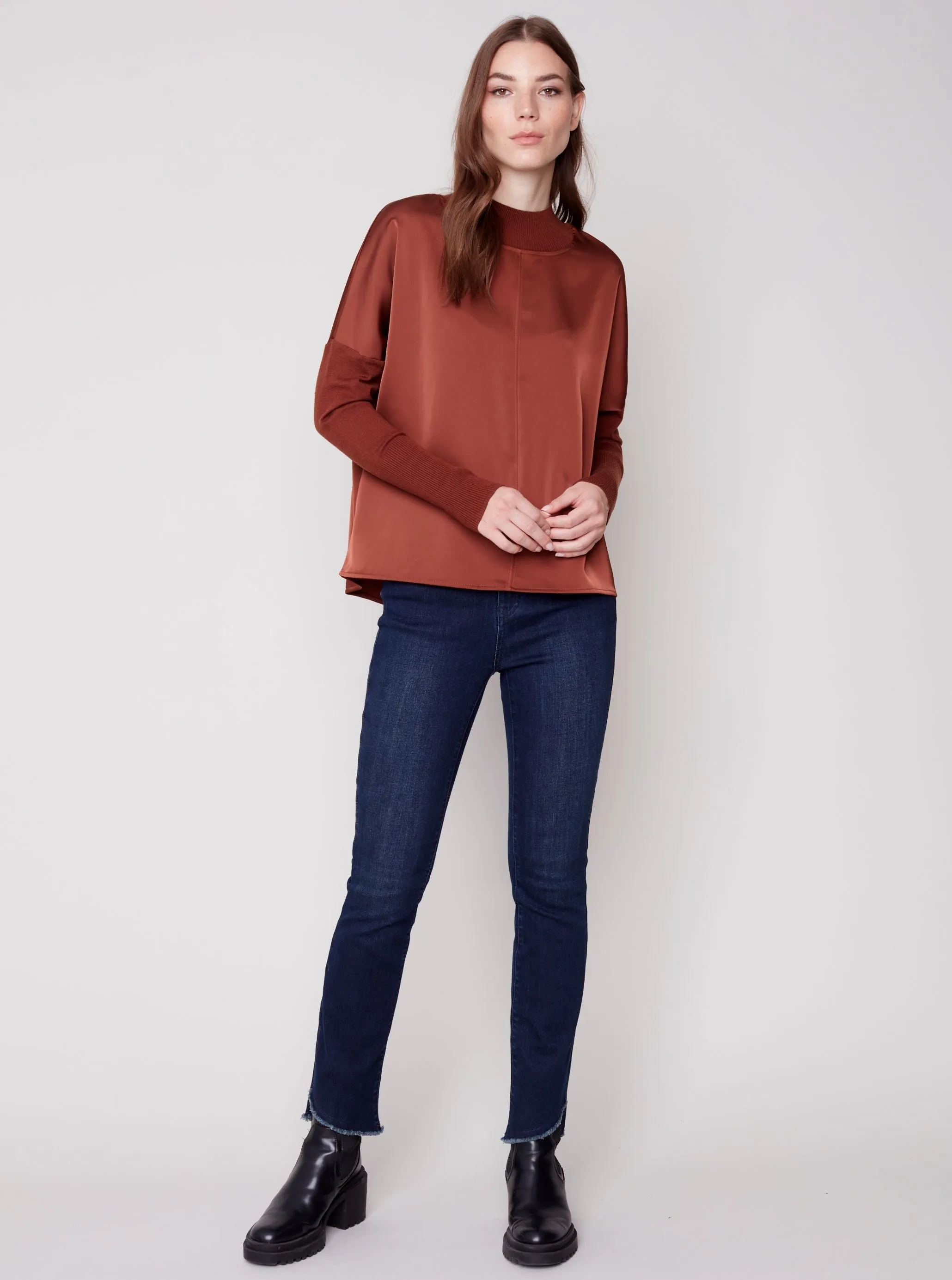 Satin Mock Neck Top [Cinnamon-C1345]