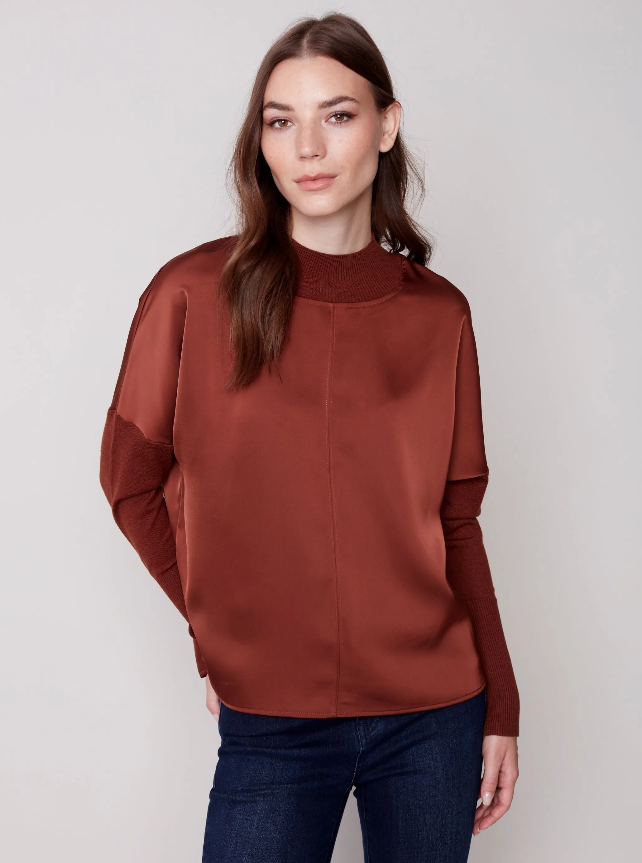 Satin Mock Neck Top [Cinnamon-C1345]