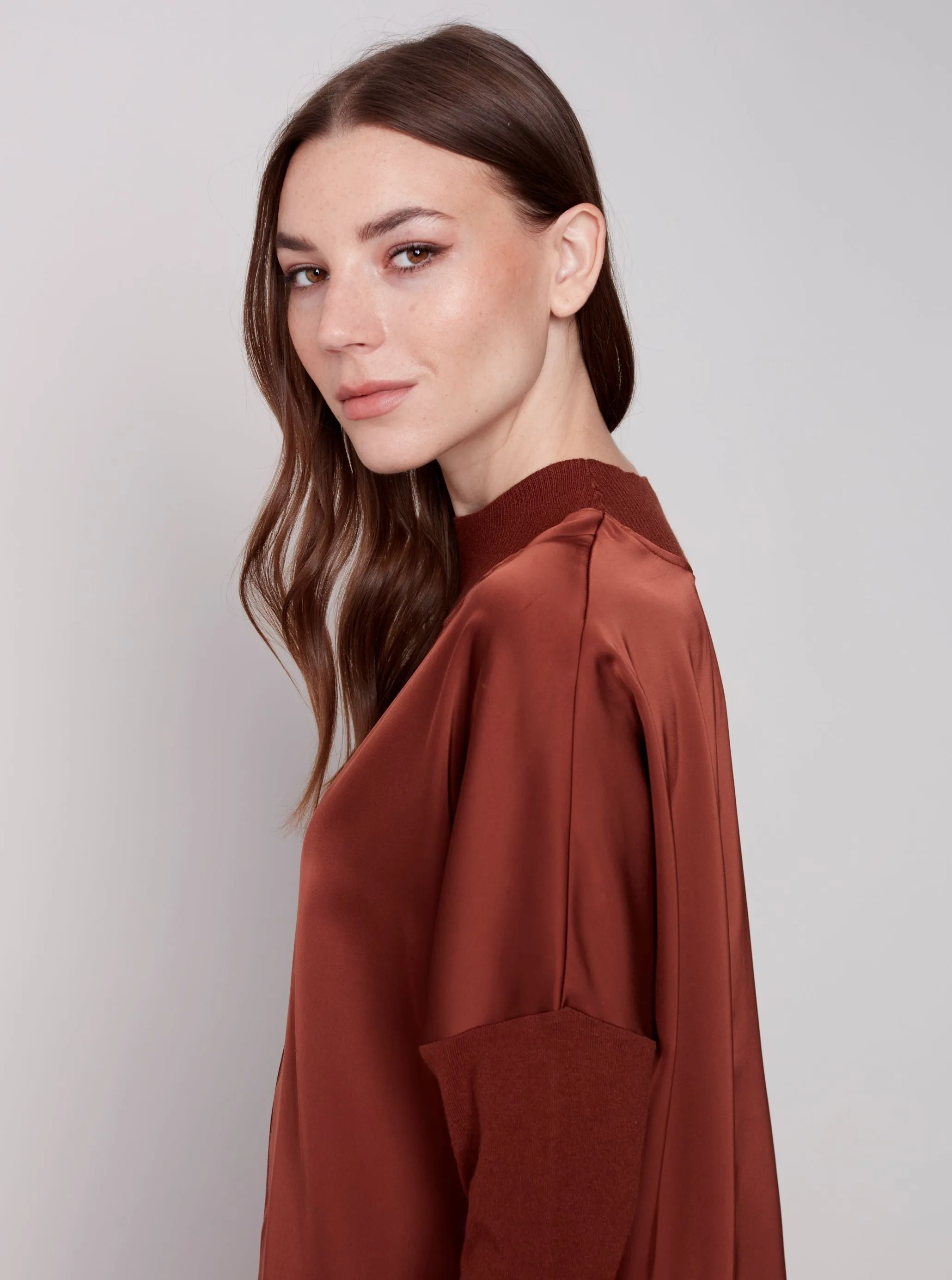 Satin Mock Neck Top [Cinnamon-C1345]