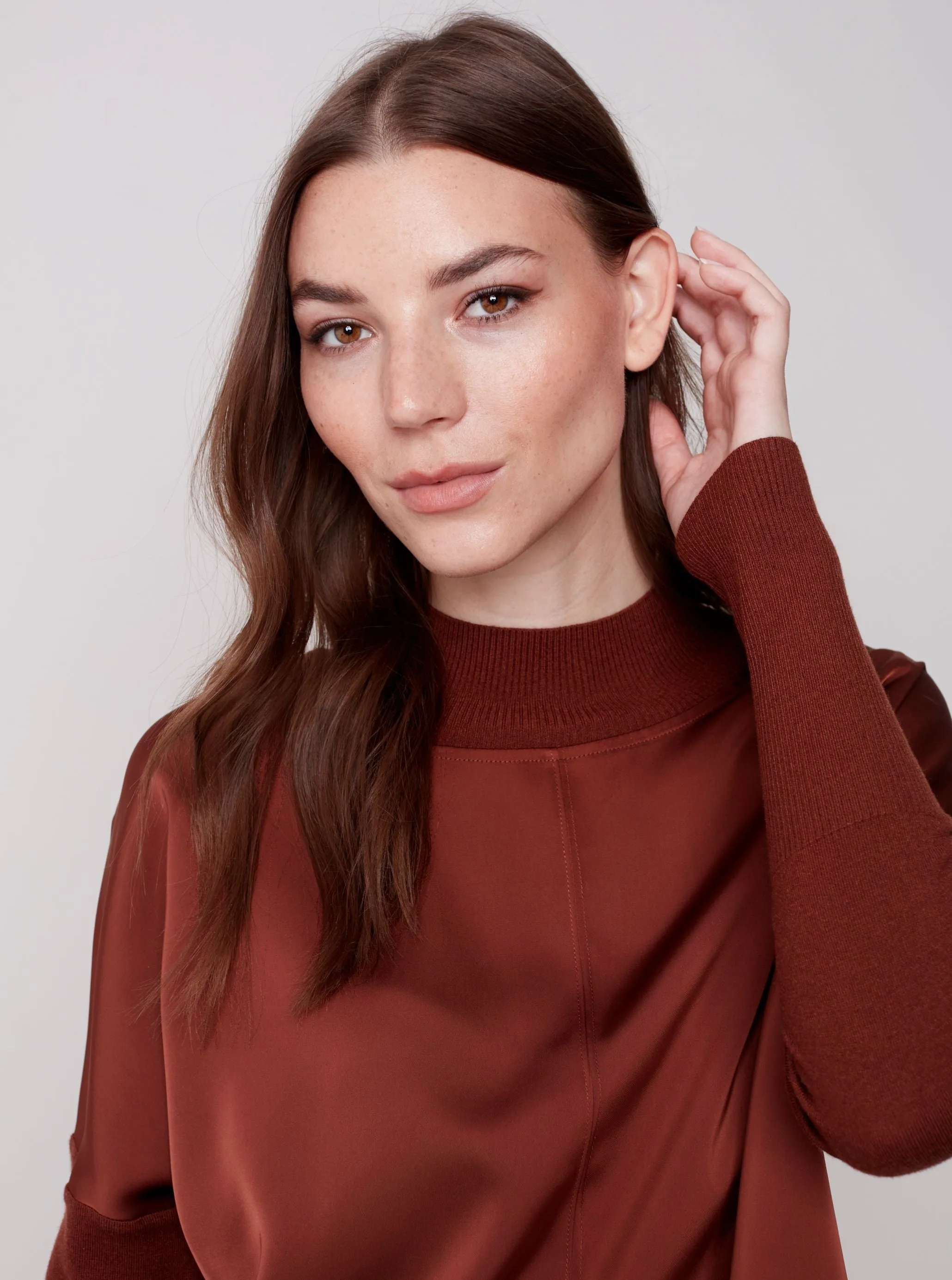 Satin Mock Neck Top [Cinnamon-C1345]