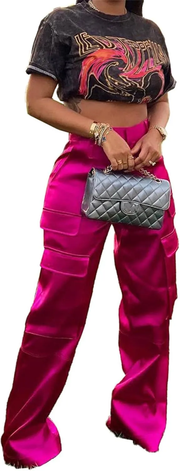 Seltaon Womens Casual Satin Cargo Pants High Waisted Wide Leg Trousers with Pockets Y2K Streetwear