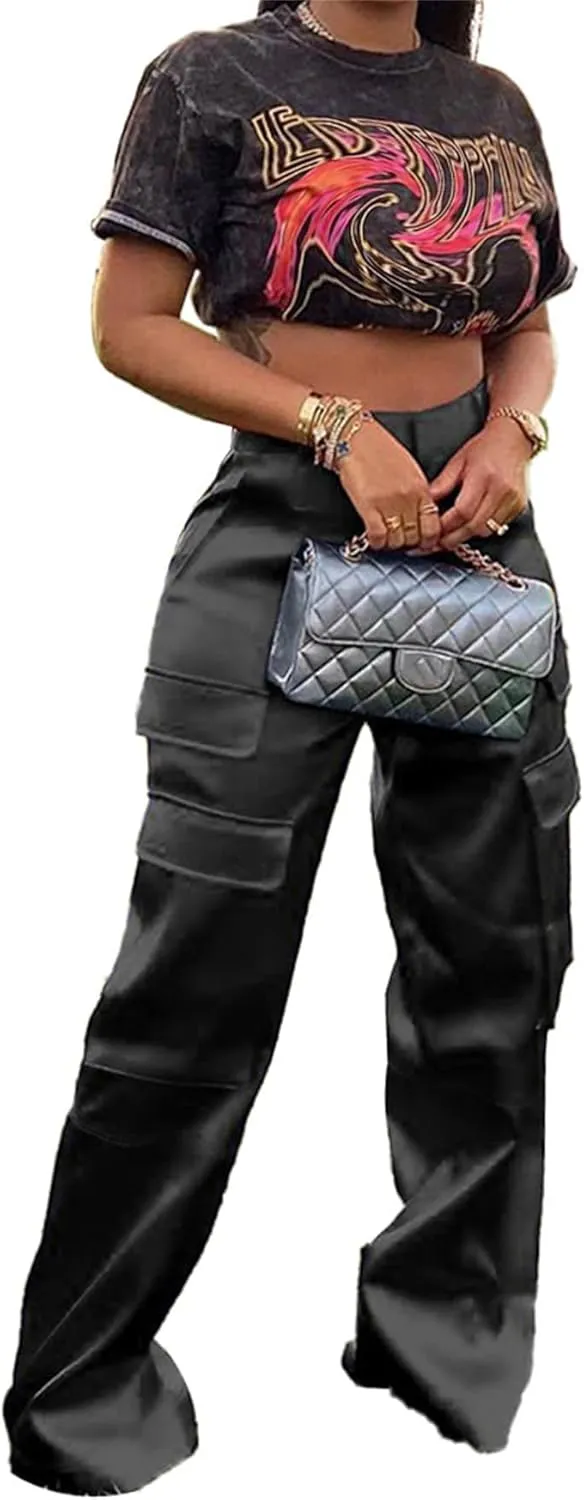 Seltaon Womens Casual Satin Cargo Pants High Waisted Wide Leg Trousers with Pockets Y2K Streetwear