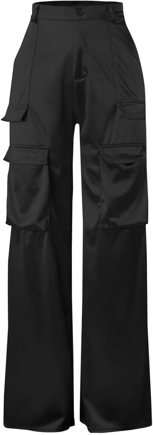 Seltaon Womens Casual Satin Cargo Pants High Waisted Wide Leg Trousers with Pockets Y2K Streetwear