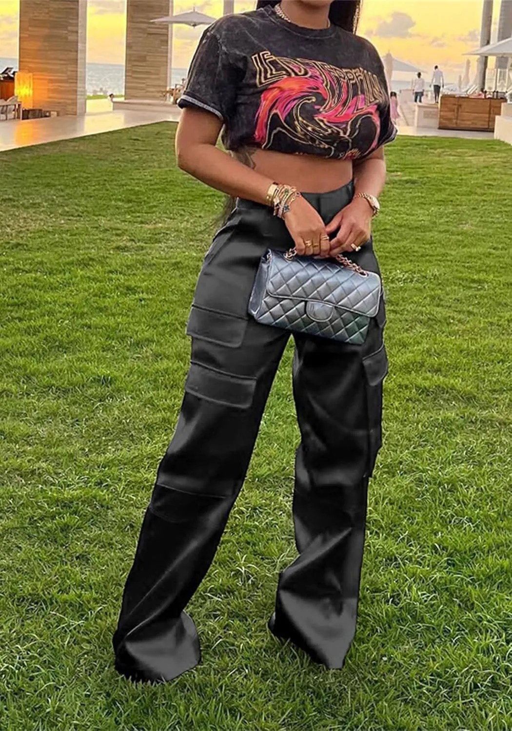 Seltaon Womens Casual Satin Cargo Pants High Waisted Wide Leg Trousers with Pockets Y2K Streetwear